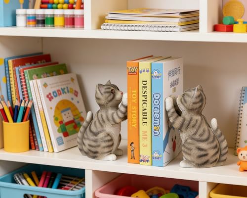 Cute Cat Bookends for Shelves, Heavy Duty Bookends, Decorative Bookends for Kids Books, Non-Skid Design, Grey Cat Statue Enthusiasts Gifts - color: Gray