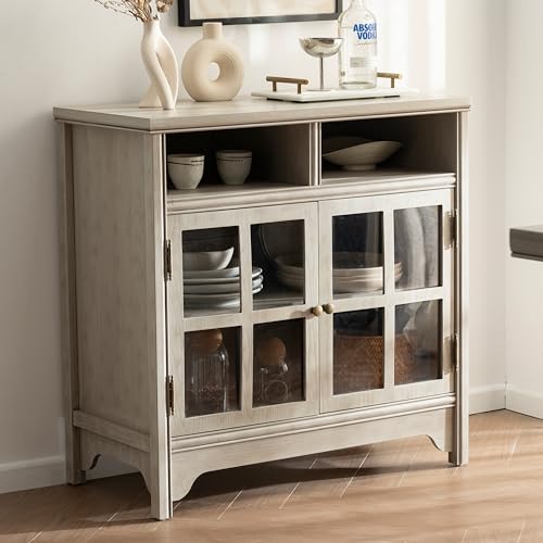 Buffet Cabinet with Storage, Solid Wood Sideboard Cabinet, TV Stands, Coffee Bar Station, Modern Farmhouse Console Table for Dining Room, Kitchen, Living Room, Entryway, Gray - color: Grey