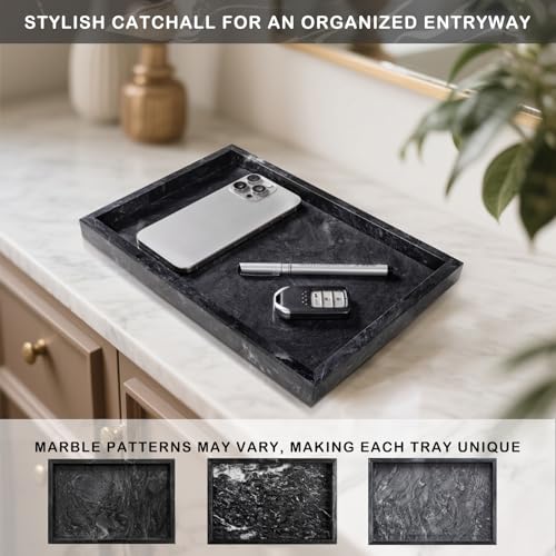 Marble Bathroom Tray for Countertop & Home Decor, Natural Decorative Marble Tray for Jewelry & Perfume Organizer, Luxury Stone Vanity Trays for Dresser, Kitchen Counter, 12" x 8", Gray Black - color: Gray Black