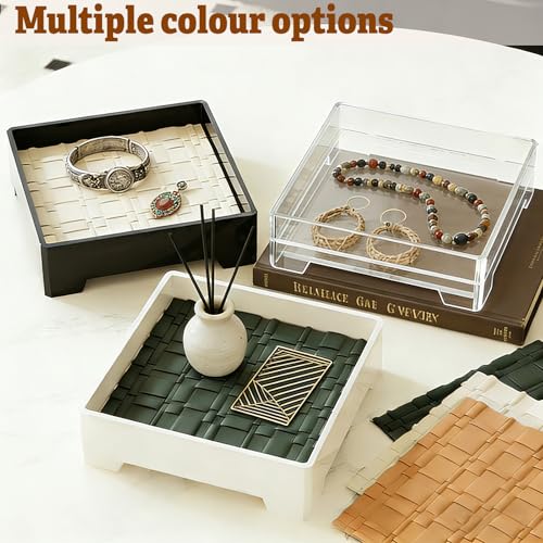 7-Inch Square Decorative Tray, Multi-Purpose Organizer for Keys, Cosmetics, Jewelry, Snacks, Modern Minimalist Style (Black + White mat)
