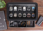 ROTHWELL 12 Slot Leather Watch Box with Valet Drawer - Luxury Watch and Jewelry Case Display Organizer, Microsuede liner, Mens Locking Storage Holder Large Glass Top (Black/Grey) - color: Black/Grey