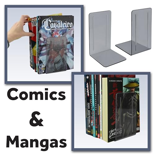 Acrimet Bookends 1 Pair, Clear Plastic Bookends for Shelves or Desktop, Book Holder for Home, Office, Library, School (Clear Gray)
