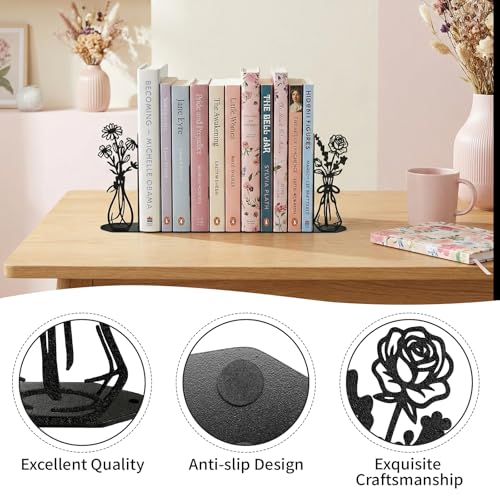 Flower Metal Bookends Decorative Book Ends for Shelves, Cute Book Ends for Home Office Decor Decorative Flower Vase Book Ends for Heavy Books, Book Stopper Ideal Gift for Mother's Day - color: Black Flower