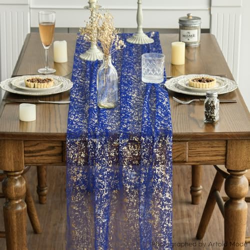 Artoid Mode 3PCS Blue Gold Gauze Table Runner 120 Inch 10FT, Glitter Metallic Foil Sheer Dining Wedding Anniversary Holiday Table Decor for Home Party - color: Blue, size: 28" x 120", 3pc