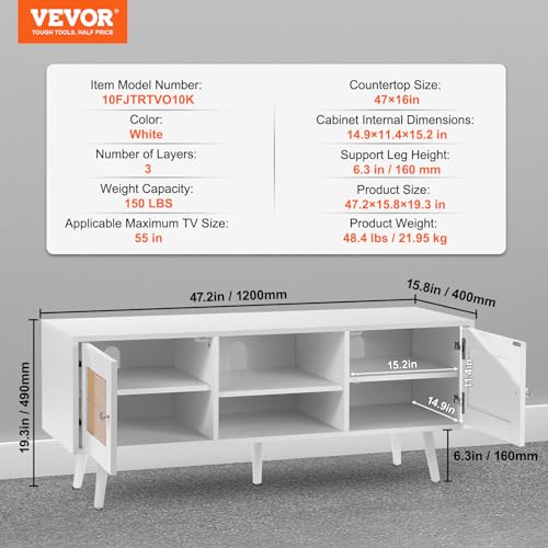 VEVOR Rattan Mid Century Modern TV Stand, Boho TV Console for 55 inch TV, White - color: White, size: for 55" TVs