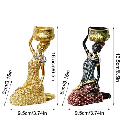 2 Pack African Women Sculpture,6.5in Black Tribal Lady Figure Figurine Candle Holder African American Women Statue Collectible Art Crafts Home Centerpieces Tabletop Ornaments Decoration Candleholder - color: B 2 Pack