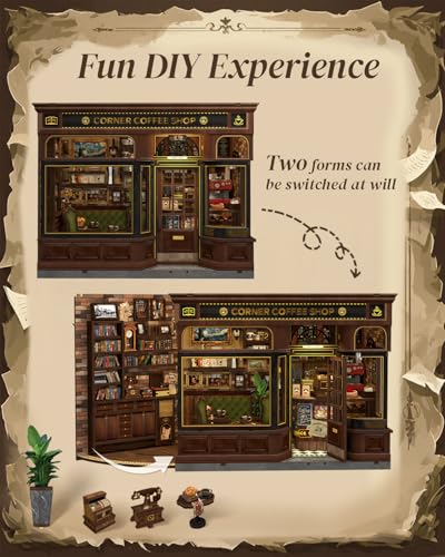 Cutefun Book Nook Kit - DIY Miniature Coffee Shop Booknook Kits for Adults and Teens, 3D Wooden Puzzle Bookend Bookshelf with LED Light, Creative Crafts Gifts for Book Lovers (Corner Coffee Shop) - style: Corner Coffee Shop
