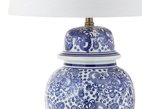 JONATHAN Y 29.5" Blue/White Ceramic Table Lamp for Living Room and Office, White Linen Drum Shade, Traditional Chinoiserie Ginger Jar Lamp, LED Bulb Included JYL3008A - color: Blue/White