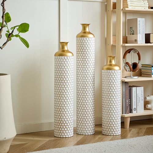 Floor Vases, Tall Home Decor Metal Vase Set of 3 Large Glazed Decorative Vases for Wedding Decor, Elegant Modern Flower Holder for Living Room, Entryway, Hallway, Dining Room - color: Leaf Scatter White Gold