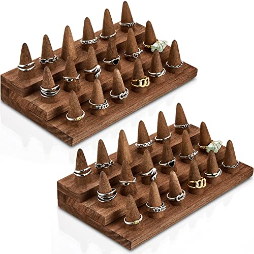 Juexica 2 Pcs Wooden Ring Display Ring Holder Display Stand for Jewelry Wood Jewelry Counter Showcase 3 Step Rings Organizer for 18 Rings Storage Selling(Brown) - color: Brown