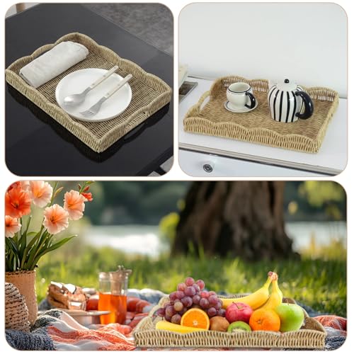 Serving Tray with Scalloped Edge, Rectangular Wicker Tray with Handles, Ideal for Breakfast or Meals in Bed and on Sofa, Decorative Coffee Table Tray to Enhance Dining (Beige)