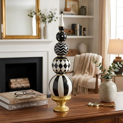 Black and White Checkered Decor, 15.7 Inch Resin Modern Sphere Sculpture, Table Top Mantel Office Desk Shelf Halloween & Christmas Decorations for Home Statue - color: Black