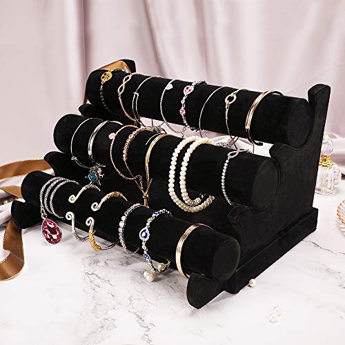 LuiceABC Bracelet Display Stand, 3 Tiers Black Velvet Soft T Bar Bracelet Holder Jewelry Watch Tower Organizer
