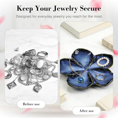 SEEDUSTRY Ceramic Jewelry Tray, Petal Ring Dish, Small Ceramic Jewelry Trinket Holder, Desktop Decoration, Dainty‌ Plate for Rings, Earrings, Necklace, Gifts for Mother Girlfriend Daughter Sister - color: Ink Blue