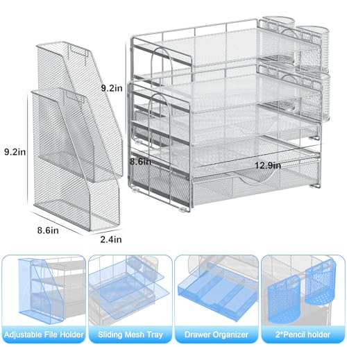 gianotter Desk Organizers and Accessories with File Holder, 4-Tier Desk Accessories & Workspace Organizers with Drawer and 2 Pen Holder, Paper Organizer for Office Supplies (Grey) - color: Grey