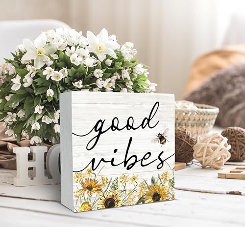 SRADMO Inspirational Bee and Sunflower Decor Wood Box Sign Desk Decor, Summer Rustic Wooden Block Box Sign Decoration For Home Office Shelf Table Decorative Accessories - color: Yellow flower, size: 5″×5″