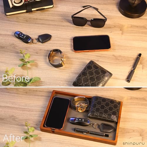 Shinpuru Wooden Valet Tray for Men, Nightstand Organizer with Leather Inlay, EDC Essentials Catchall Tray for Keys, Phone, Wallet, Watch, Earbuds - Bedside Desk Entryway Tray (Wood-Full) - color: Brown-F
