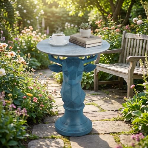 Deer Side Table for Living Room - 20" Faux Marble Top Accent End Table with Hand-Carved Resin Deer Statue Base - Modern Round Bedside Table for Bedroom, Patio, Entryway, Gift - Tool-Free Setup - color: Blue Deer