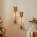 Metal Wall Candle Sconce Holders, Set of 2, Gold, Modern Bow Design, Wall Mount Taper Candle Holders for Living Room, Farmhouse, Wedding Decor