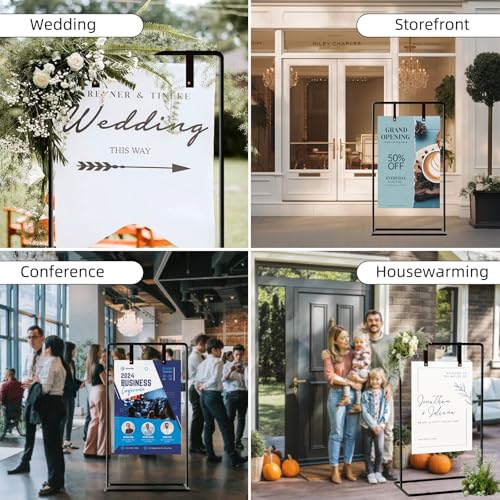 Wedding Sign Holder, Adjustable Welcome to Our Wedding Sign Stand W/Design Bundle & Leather Sign Hanging Straps, Heavy Duty Easel Stand for Sign, Wedding Seating Chart Stand, Easel for Display (Black) - color: Black