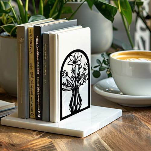 Peacoblue Metal Bookends for Shelves, Modern Decorative Heavy Duty Study Book Support Stoppers for Office, Desk, Shelf, Room 5.3"x4.3"x7.9" Cast Iron Simple Bookends, 1 Pair (Vase with Flowers) - color: Vase With Flowers