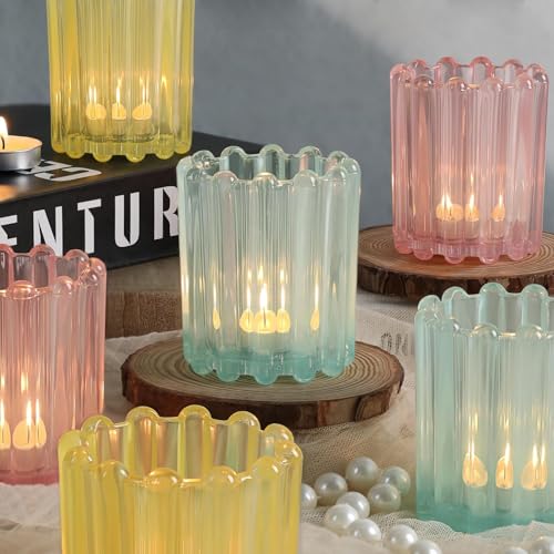 HAVITI Glass Pink Votive Candle Holder, Blue Baby Shower Ribbed Frosted Votive Candle Holders Set of 12, Mixed Color Tealight Candle Holder for Wedding Centerpieces Dinner Party Table Decor - color: Pink&blue&yellow