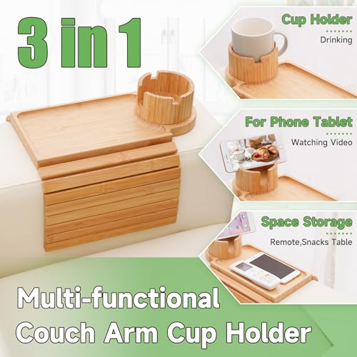 SINWANT Couch Cup Holder Tray,Large Bamboo Couch Armrest Table with Cup Holder,Foldable Anti-Slip Sofa Arm Tray for Coffee Cup,Water Bottles,Mug,Snacks,Remote - color: Bamboo