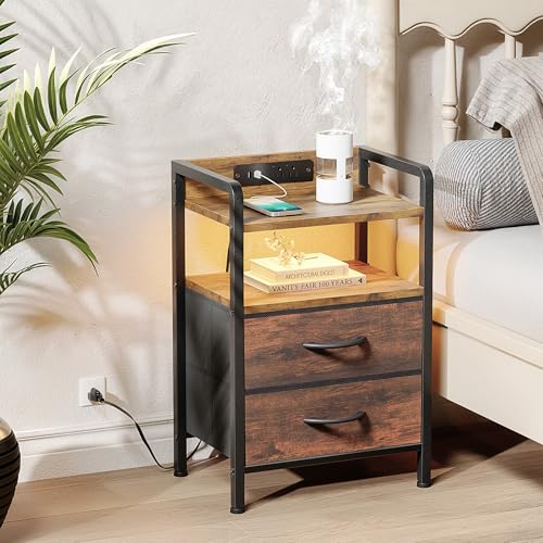 Lazzanto Night Stand Bedside Table Bedroom - Nightstand with Charging Station, Night Stand with LED Light Strip, End Table with U-S-B Ports & AC Outlets, Storage Shelf & 2 Fabric Drawers, Rustic Brown - color: Rustic Brown, size: 2 Drawers