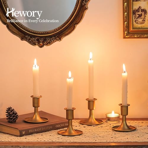 Gold Taper Candle Holder Set of 12, Hewory Short Skinny Brass Candlestick Holders, Vintage Small Low Metal Candles Sticks for Wedding Centerpieces Christmas Birthday Party Holiday Dinning Table Decor - color: Gold-12pcs
