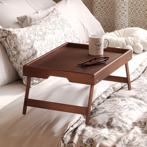 Fibogollo 2 Pack Bamboo Bed Tray Table with Folding Legs,Breakfast Trays,Serving Tray for Food and Snack,Laptop Trays for Working(Brown) - color: Brown, size: 2 PC