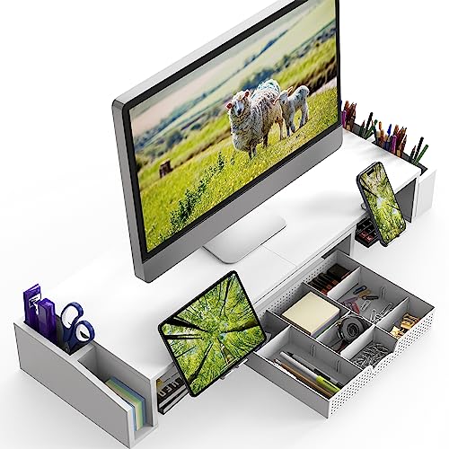 Simple Houseware Desk Dual Monitor Stand Riser with Drawer, White - color: White