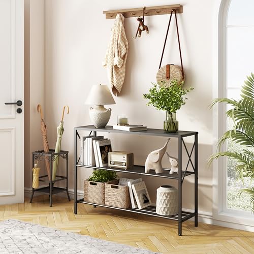 Hoctieon Industrial Console Table, 3 Tier Entryway Table, Hallway Table, Narrow Sofa Table with Shelves, Entrance Table for Entryway, Living Room, Foyer, Hallway, Office, Black - color: Black