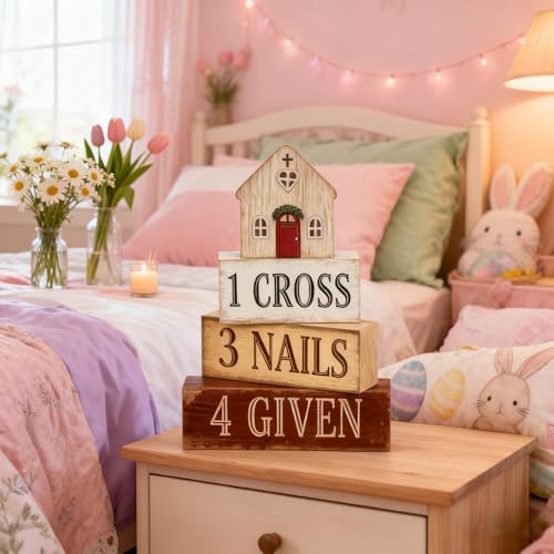 Easter Decorations - Christian Easter Tiered Tray Decor - 1 Cross 3 Nails 4 Given Wooden Tabletop Sign - Religious Farmhouse Easter Home Decor for Shelf Mantel Indoor - Spring Home Decor for Living Room, Kitchen Counter - style: Cross