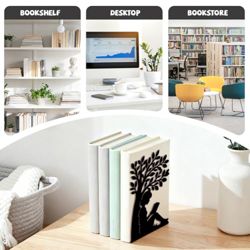 Peacoblue Metal Bookends for Shelves, Modern Decorative Heavy Duty Study Book Ends Stoppers for Office Desk Shelf Room 5.3x4.3x7.9 Cast Iron Simple Tall Bookends 1 Pair (Girl Reading Under a Tree) - style: Girl Reading under a Tree