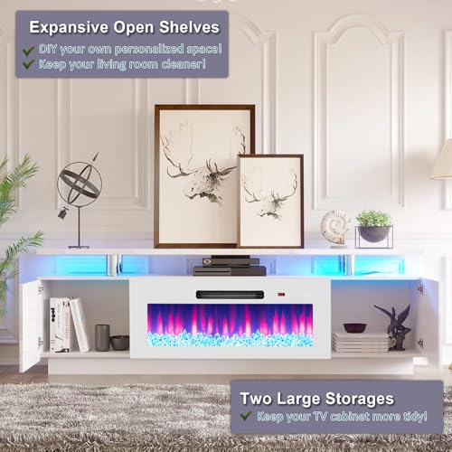 AMERLIFE Fireplace TV Stand with 36" Fireplace, 70" Modern Fireplace Entertainment Center LED Lights, 2 Tier TV Console Cabinet for TVs Up to 80", White & White - color: White & White, size: 70"