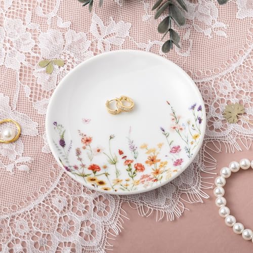 Crisky Flower Trinket Dish Jewelry Tray & Gift Box, Ceramic Ring Dish for Rings Earrings Necklaces Keys, Bridal Shower Engagement Birthday Gift for Women, Friends 4.57" - style: WildFlower Blank
