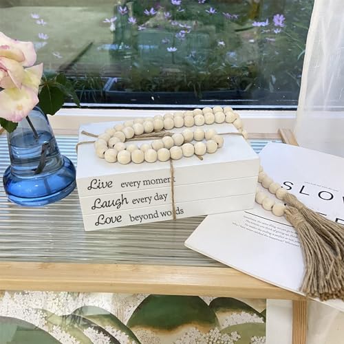 Decorative Books for Home Decor, White Faux Books for Decoration, Rustic Farmhouse Stacked Display Books with 52in Wood Bead Garland for Coffee Tables Living Room, (Live Laugh Love) - style: Live Laugh Love