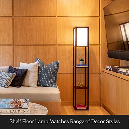 Brightech Maxwell - Modern Shelf Floor Lamp with Lamp Shade & Warm White LED Bulb, Corner Display Floor Lamp with Shelves for Living Room, Bedroom, Nightstand Office, Home Decor Storage - Havana Brown - color: Brown
