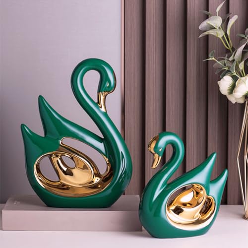 Ceramic Statue,2 Pieces Swan Sculpture Decor,Creative Ceramic Decorative,Crafts Ornaments Home Decor,Memorial Gift for Parents, Suitable for Shelf, Bookself, TV Stand Decor. - color: Green Gold Swan