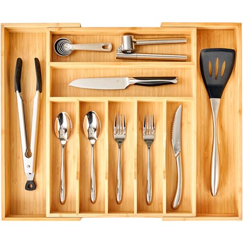 Umilife Large Expandable Kitchen Silverware Utensils Drawer Organizer, 2.5" Extra High Adjustable Drawer Divider with Curved Grooves, Bamboo Wood Cutlery Tray Flatware Holder - style: For Silverware (13"~20" x 17")