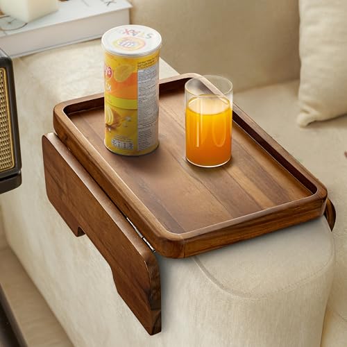 HOLANA Acacia Wood Sofa Armrest Tray - 13.75 x 9.5in Double Hinge Sofa Arm Tray Table Clip - Couch Arm Table - Wooden Side Tables for Eating and Drink (Acacia, 13.75" D x 9.5" W x 2" H) - color: Acacia, size: 13.8" x 9.5" x 2"