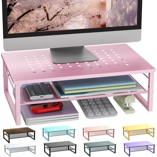 Gianotter 2-Tier Metal Monitor Stand Riser, Workspace Organizer with Desk Accessories, Office Storage for Supplies (Pink) - color: Pink