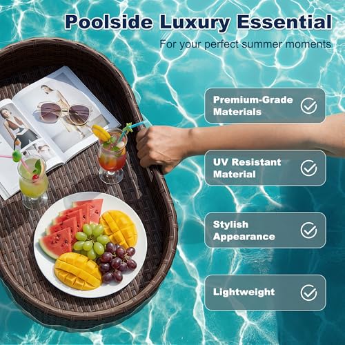 Devoko Floating Pool Tray Large PE Rattan Pool Serving Bar, Luxury Pool Floating Table with Handles for Pool Party, Hot Tub & Beach (Brown) - color: Brown, size: Medium