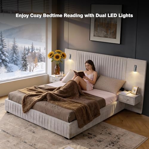 Luxury Queen Size Bed Frame with Oversized Upholstered Headboard, Modern Chenille Upholstered Platform Bed Frame with Gold LED Lights, Nightstands, No Box Spring Needed, Beige - color: Beige, size: Queen