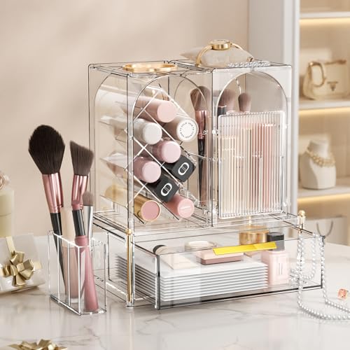 INVSSENE Stackable Makeup Organizer Countertop, Storage Perfume Skincare Cosmetic Lipstick Face Mask Makeup Brush Palettes, Ideal for Vanity Bathroom Counter - color: 3515 Clear