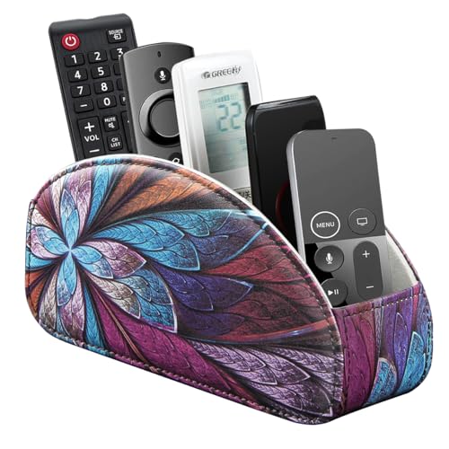 Remote Control Holder PU Leather TV Remote Caddy for Table 5 Compartments Nightstand Organizer for Bedroom Accessories/Bedside Remotes/Media Controllers/Office Supplies Decorations for Living Room - color: Fractal Flower, size: Small
