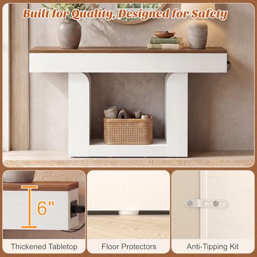 Homieasy Console Table, 47" Entryway Table with LED Lights & Charging Station, Farmhouse Wooden Sofa Table Behind Couch, Narrow Hallway Table for Living Room, Foyer, Entry, Antique White & Brown - color: Antique White & Brown, size: 47.2"