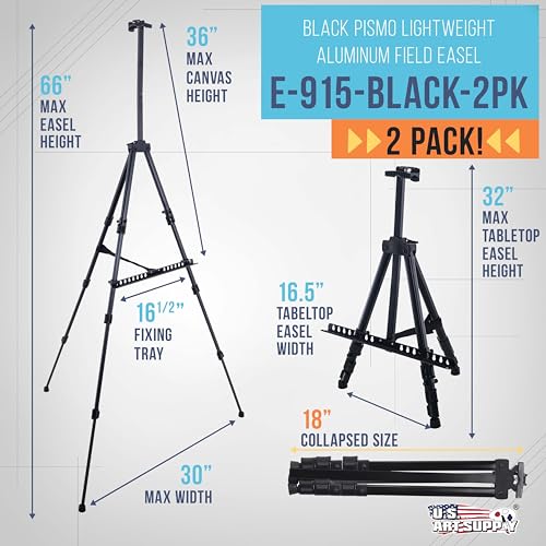 U.S. Art Supply 66" Black Metal Tripod Easel Display (2 Pack) - Adjustable 20"- 5.5', Holds 32" Canvas - Floor/Tabletop Easel Stand, for Sign Display, Painting, Poster Board, Canvas - Portable Bag