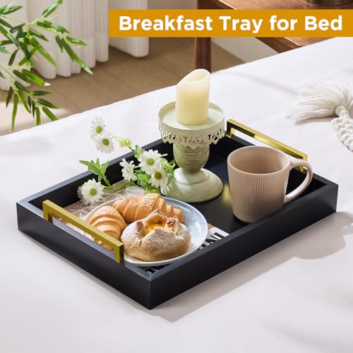 16"x12" Serving Trays with Handles, Black Decorative Serving Tray, Ottoman Trays for, Living Room, Bathroom, and Outdoors Decorative Trays (Black) - color: Black