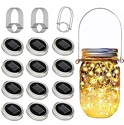 12 Pack Solar Mason Jar Lid Lights - 30 LED Firefly Fairy String Lights, Waterproof Outdoor Solar Lights with Hangers for Regular Mouth Jars (No Jars Included) - color: 12pack-Warm White